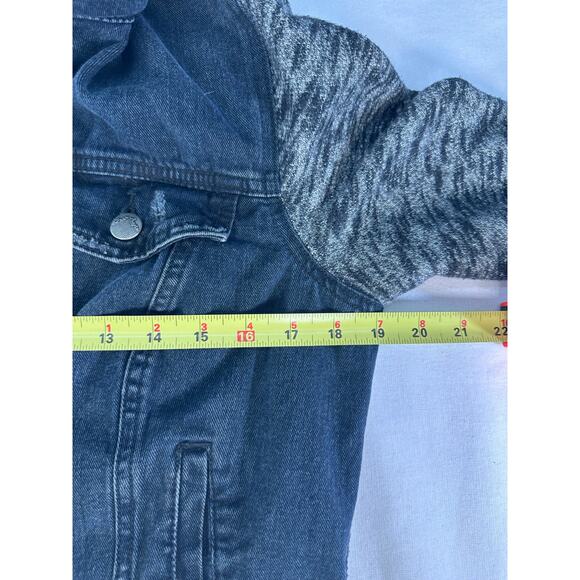 Free People Women's sz M Black Denim and Hooded Sweater Jacket Distressed Cotton - Picture 7 of 10